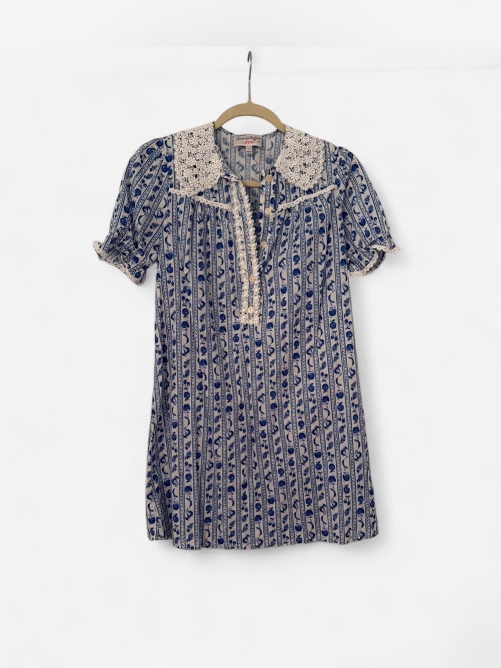Blue Patterned Lace-Collar Short Sleeve Dress